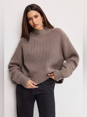 Good American Chunky Knit Mockneck Sweater Smoke XXL